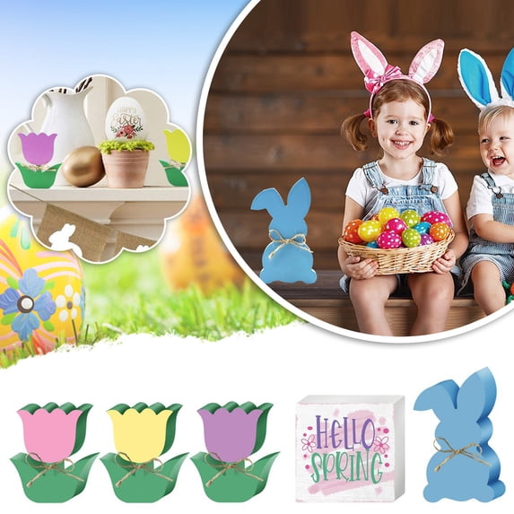 Giyblacko Desktop Ornament1 Pieces Easter Bunny Table Wooden Sign Wooden Tulips Tiered Tray Decor Hello Spring Wood Tabletop Decoration For Happy Easter Party Supplies