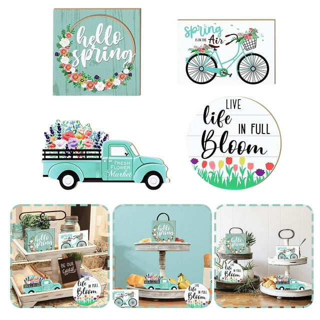 Giyblacko Tabletop Decoration Decorations Market 3D Home Decor Kitchen Tray Fresh Spring Signs Wood Tray Spring Flat Decor Spring Tiered Flower Decor Decor Tiered For Easter Decoration Hangs