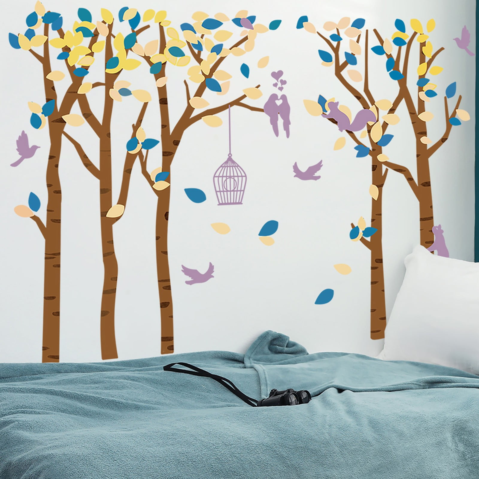 Giyblacko Wall stickersJungle 5 Trees Wall Decals Yellow Leaves And Fly