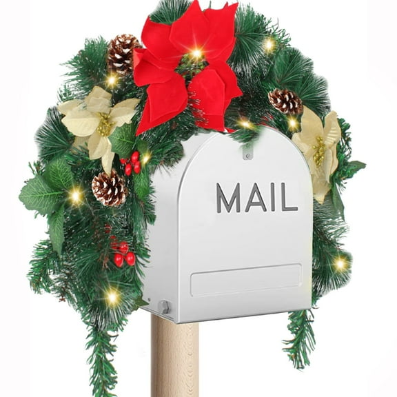 Giyblacko Wreath37.4Inch Christmas Mailbox With Wintry Berries Greenery Branches Cones Christmas Mailbox Decorations Outdoor And 20 LED Battery Operated Lights For Holiday House Party Decoratio