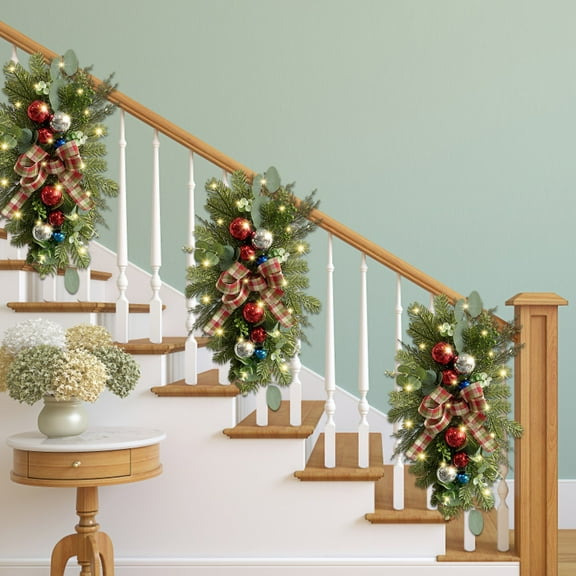 Giyblacko WreathThe Cordless Prelit Stairway Trim Christmas Wreaths For Front Door Holiday Wall Window Hanging Ornaments For Indoor Outdoor Home Xmas Decor
