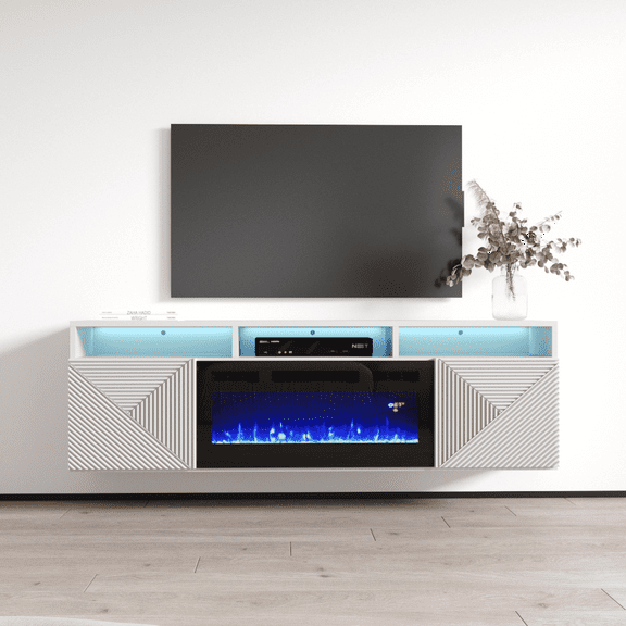 Giza BL-EF Floating Fireplace TV Stand for TVs up to 70", Modern High Gloss 63" Entertainment Center, Wall Mounted Electric Fireplace TV Media Console with Storage Cabinets and LED Lights