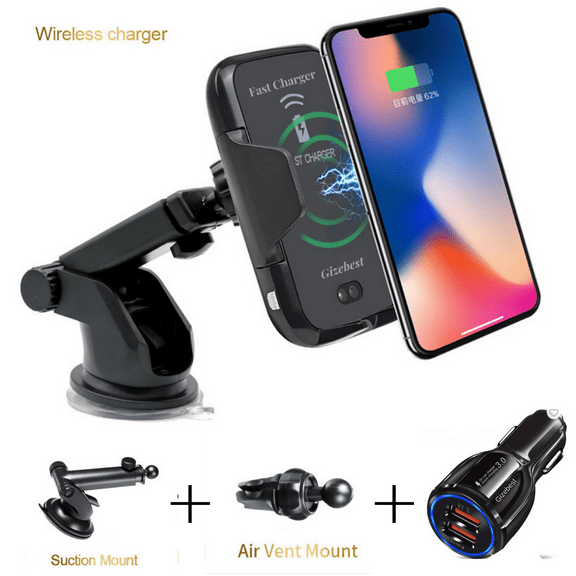 Gizebest Wireless Car Charger Mount,10W Qi Fast Charging Auto-Clamping Windshield Dashboard Air Vent
