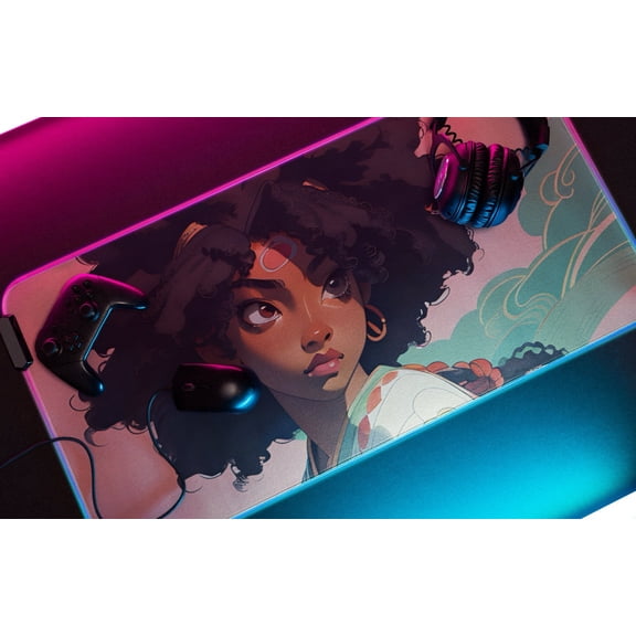 Gizmotech RGB LED Gaming Mouse Pad, Anime Black Princess Warrior XXL Desk Mat, Extended Non-Slip Keyboard and Mouse Pad