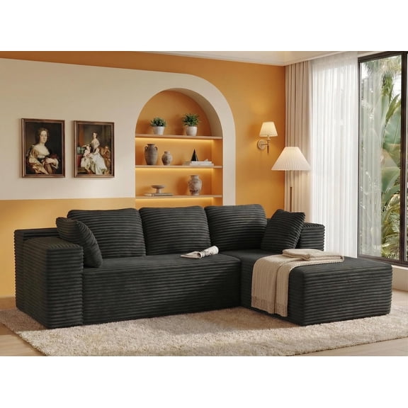Gizoon 105" L Shaped Sectional Couch for Living Room, Memory Foam Cloud Sofa with Chaise, Modular Corduroy Floor Sofa, Black