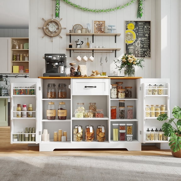 Gizoon 45" Kitchen Sideboard Buffet and Coffee Bar Cabinet with Storage Drawer, White and Rustic Pantry Cupboard