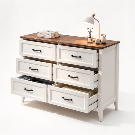 Gizoon 47.2" W Drawer Dresser, 6 Chest of Drawers, Dresser for Bedroom | Wooden Chest of Drawers with Ample Storage Space, Smooth Rail, Metal Handles, Anti-tipping, for Bedroom, Hallway, Retro