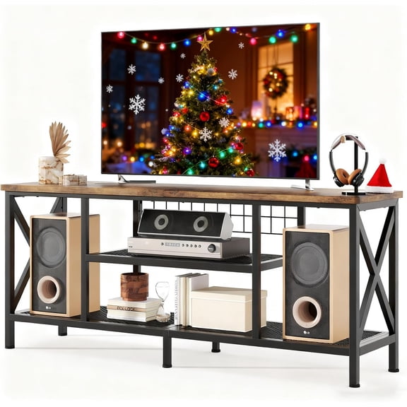 Gizoon 59.8" TV Stand for 55-65 Inch TVs, Rustic Brown, 3-Tier Media Entertainment Center with Open Shelves, Metal Frame, Sofa Table for Living Room, Bedroom, Office