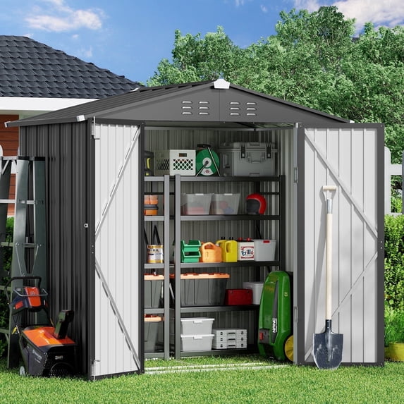 Gizoon 6' x 4' Outdoor Storage Metal Shed with Double Lockable Doors, Galvanized Garden Tool House, Dark Gray