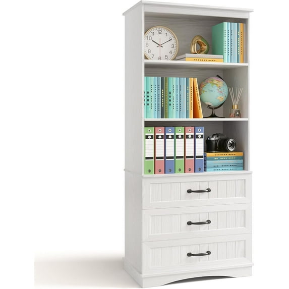 Gizoon 70'' Tall Bookcase with 3 Drawers Wooden Bookshelf with Storage Cabinet Multifunctional Book Storage Organizer for Office Living Room and Bedroom,White