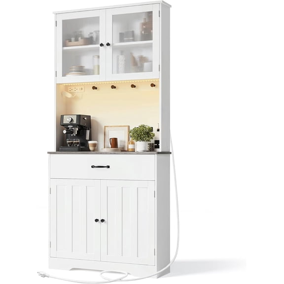 Gizoon 71" H Pantry Cabinet with LED Lights, Tall Farmhouse Kitchen Storage Cabinet with Charging Station, Modern Coffee Bar with Doors and Drawers, for Dining Room, Tabletop-Grey