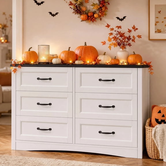 White Dressers for Bedroom, Gizoon 6 Chest of Drawers with Black Top, 47' Large Wooden Storage Cabinet for Entryway