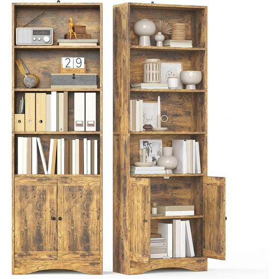 Gizoon Bookcase with Doors, 71” 6-Shelf Bookcase, Floor Standing Display Storage Shelves, Bookshelves and Bookcases, with Adjustable Shelves, for Home, Office, Living Room, Retro