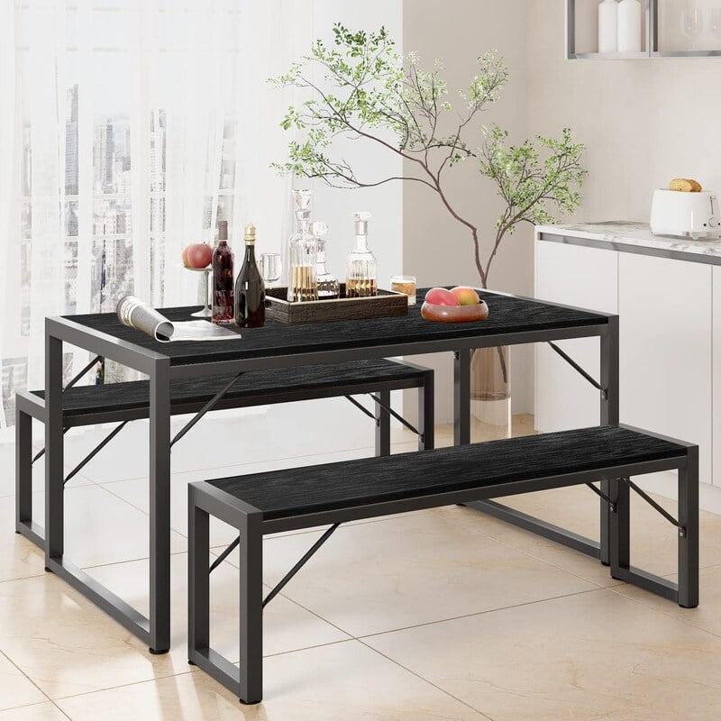 Black 45.5" MDF and Metal Dining Table Set with Benches