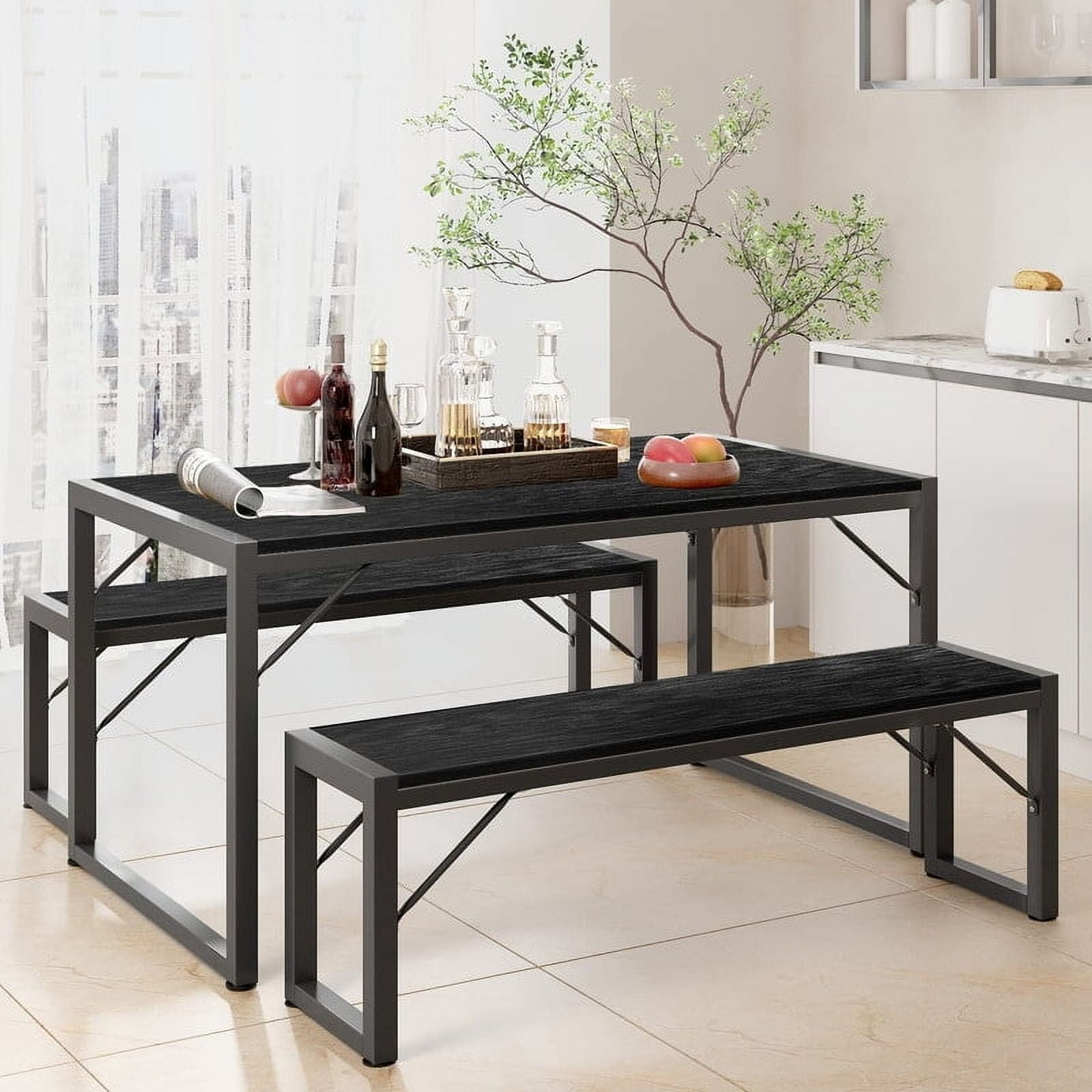 Black 45.5" MDF and Metal Dining Table Set with Benches