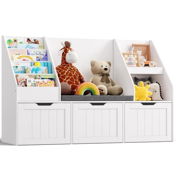 Gizoon Kids Toy Storage Organizer and Bookshelf with Reading Nook Bench, 3 Movable Drawers, Painted White