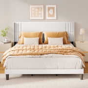 Asofer King Bed Frame, Upholstered Wingback Headboard, Modern Geometric Design, Wooden Slats Support, White