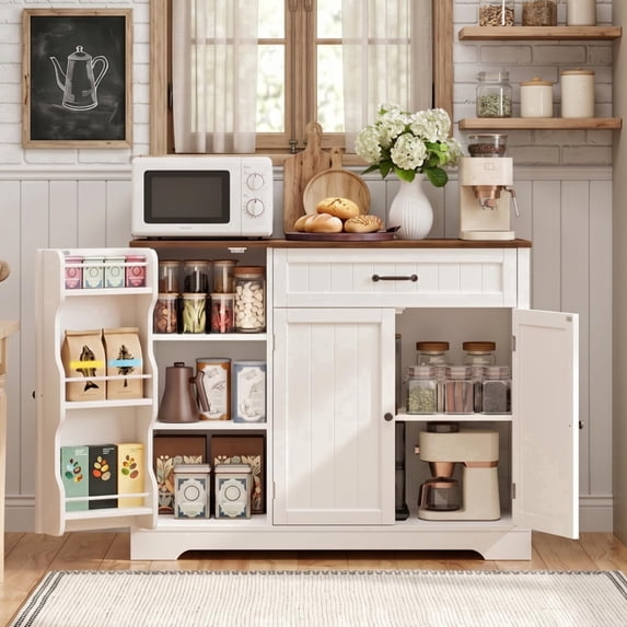 Coffee Bar Cabinet, Gizoon Wooden Kitchen Cabinet Storage, White and Rustic Sideboard Buffet for Dining Room & Pantry