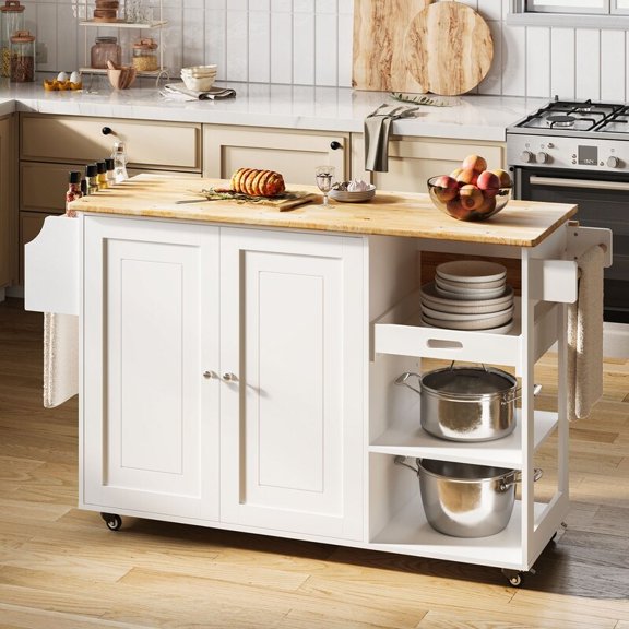 Gizoon Kitchen Island Cart, Kitchen Island Rolling Trolley Cart with Adjustable Storage Cabinet, White