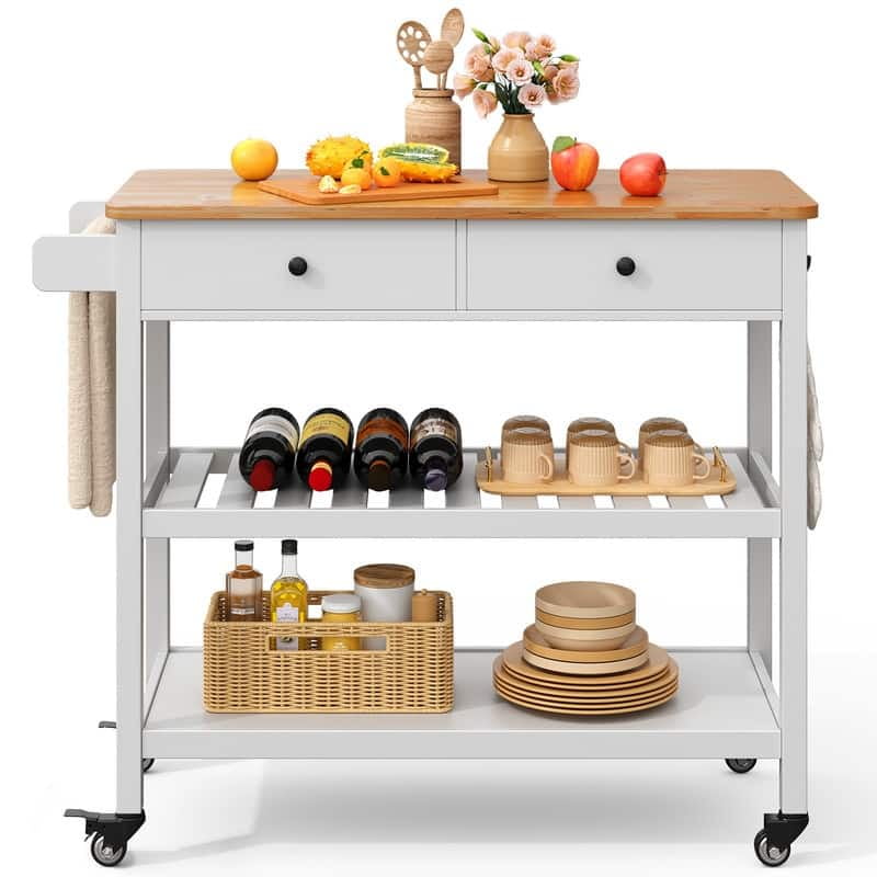 White and Light Brown MDF Kitchen Cart with Spice Rack and Storage