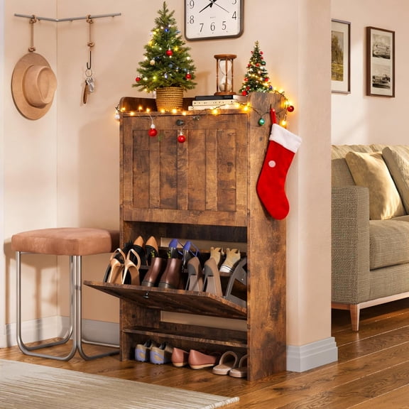 Gizoon Shoe Cabinet with 2 Flip Drawers, Shoe Organizer Storage for Entryway, Freestanding Narrow Rack Cabinet with Space-Saving, for Hallway, Retro