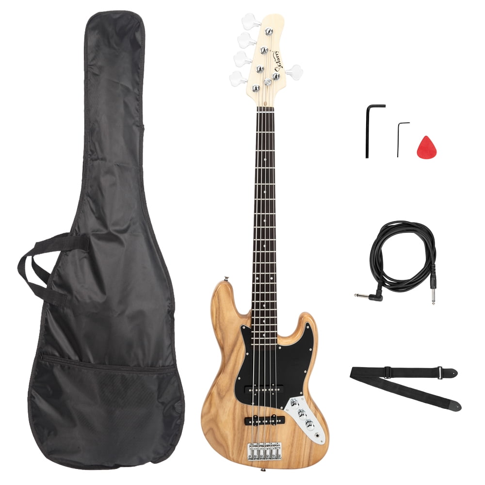 Gjazz Electric 5 String Bass Guitar Full Size Bag Strap Pick Connector Wrench Tool Burlywood