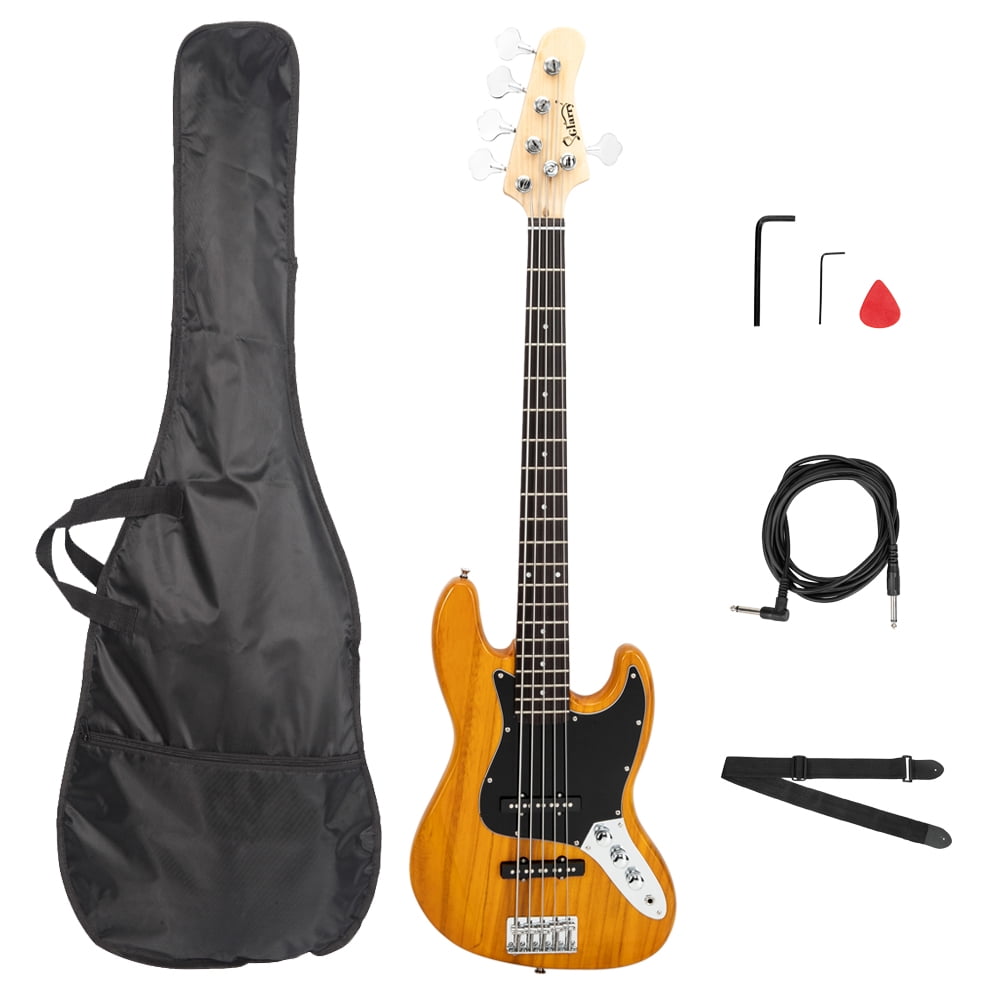 Gjazz Electric 5 String Bass Guitar Full Size Bag Strap Pick Connector Wrench Tool Transparent Yellow