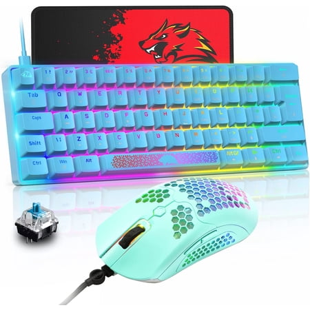 Gk61pro Mechanical Gaming Keyboard And Model Mouse Combo,Wired 18 Chroma Rgb Backlit 62Key Anti-Ghosting Honeycomb Gaming Mouse 12000 Dpi Ergonomic For Windows Pc Gamers Typists(Blue/Blue Switch)
