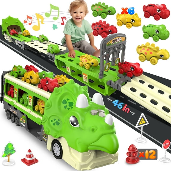 Gkcity Dinosaur Transport Truck Toy - Foldable Sliding Ramp, 6 Racing Cars, Lights & Sounds - 19 Pieces