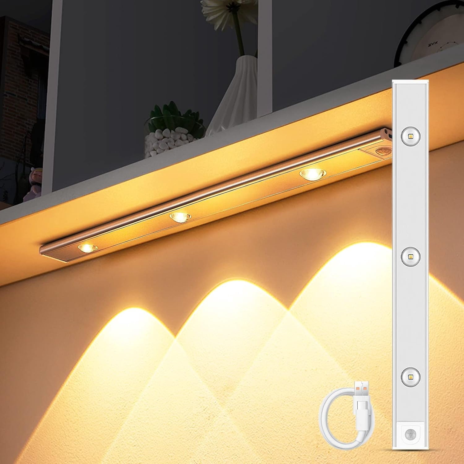 Gkcity Under Cabinet Lighting, Human Body Induction, Closet Lights Rechargeable, 6000K Daylight Magnetic Dimmable Ultra Thin Under Counter Lights for Kitchen, Closet, Cabinet (White-40CM-3 LED Bead)