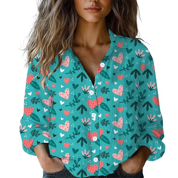 Gkeoshab 2026 New Women's Cute Print Blouse Themed Shirt Valentine's Day Casual Top Sky Blue S
