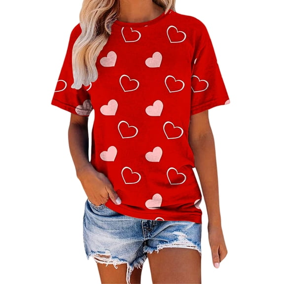 Gkeoshab 2026 Valentine's Day Women's Round Neck T-Shirt Heart Print Casual Blouse Red L