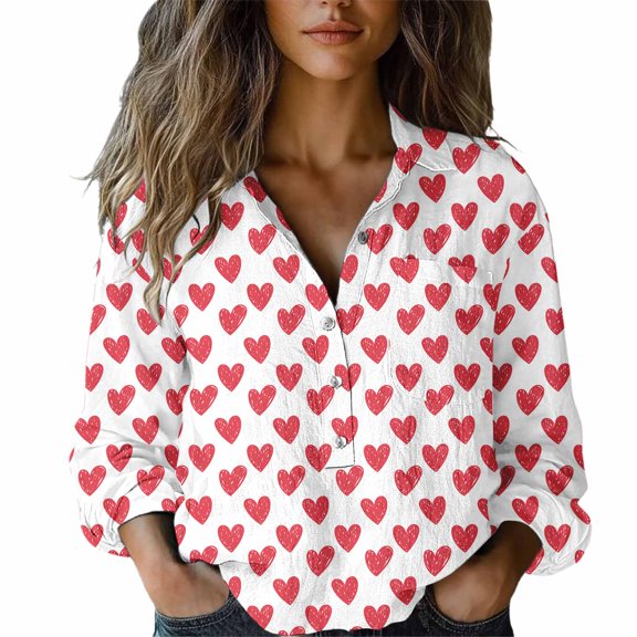 Gkeoshab 2026 Women's Button-Down Half Placket Shirt Left Pocket Long Sleeve Autumn Top Fragrant Linen Blouse Red M