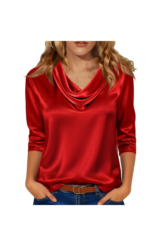 2026 Women's Mock Neck Reflective Satin Blouse Lightweight Comfort 3/4 Sleeve Top for Spring Summer Red XXL