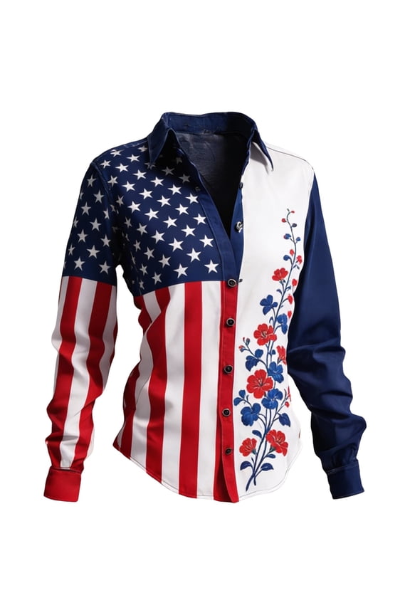 2026 Women's Retro American Flag Print Blouse Slim Fit Casual Satin Shirt for Everyday Style Blue XXL