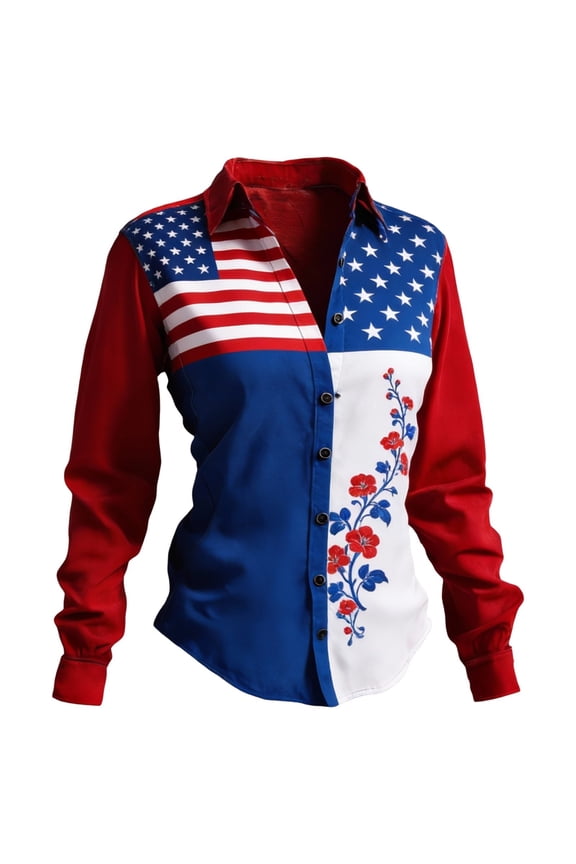2026 Women's Retro American Flag Print Blouse Slim Fit Casual Satin Shirt for Everyday Style Wine S
