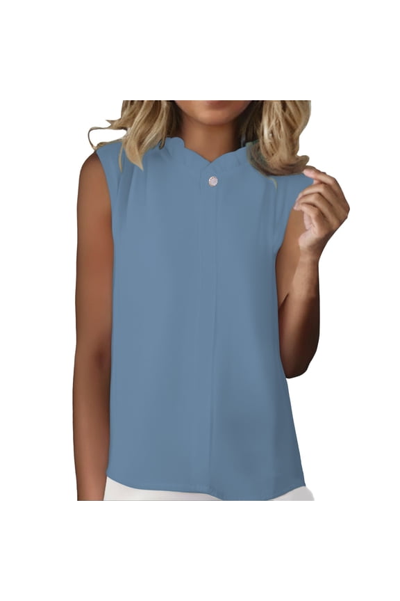 Blouses for Women Dressy Casual Professional Ruffle Collar Sleeveless Top Solid Ice Silk Vest Blouse for Business Suit & Office Wear Blue XXL