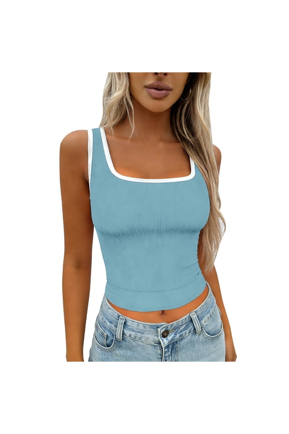 Blouses for Women Dressy Casual Ribbed Texture Cropped Tank Top Solid Color Sleeveless Cami for Everyday Wear Light Blue S