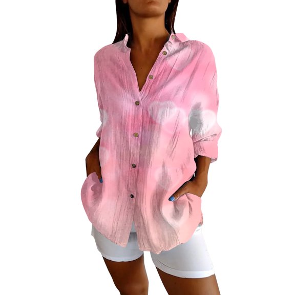 Gkeoshab Bohemian Women's Button-Down Shirt V-Neck Retro Blouse in Exquisite Hemp Chic Vintage Top Pink1 XXL