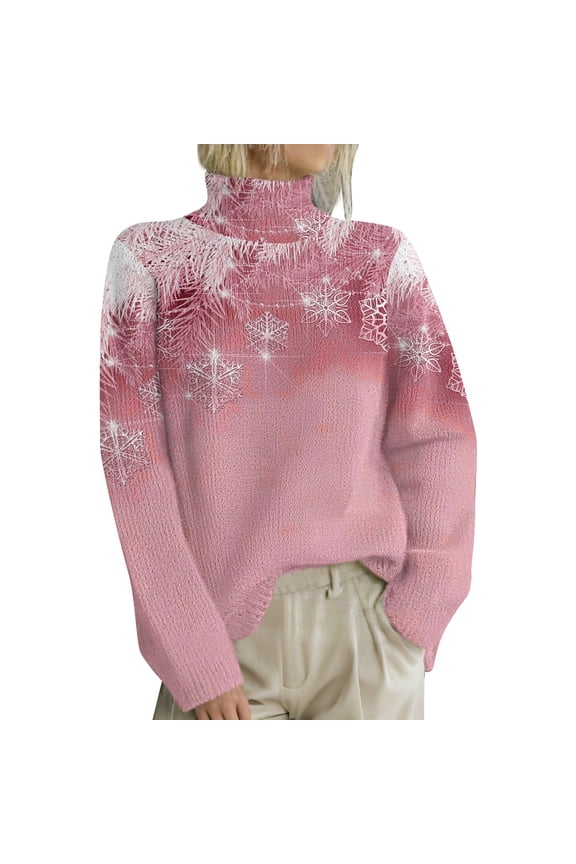 Christmas Sweaters For Women Women's Christmas Print High Neck Sweater, Festive Long Sleeve Pullover with Fold Over Collar for a Stylish and Warm Holiday Season Outfit Essential Pink XXL