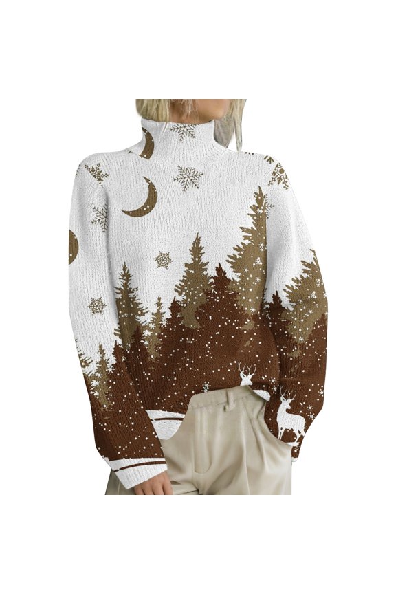 Christmas Sweatshirt Women's Christmas Print High Neck Sweater, Festive Long Sleeve Pullover with Fold Over Collar for a Stylish and Warm Holiday Season Outfit Essential Brown L