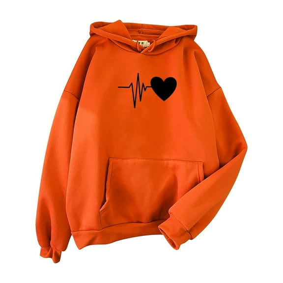 Gkeoshab Christmas Sweatshirt Women's Cute Heart Love Print Pullover Hoodie - Long Sleeve Soft Fleece Sweatshirt for Casual Everyday Wear and Gift Ideas Orange M