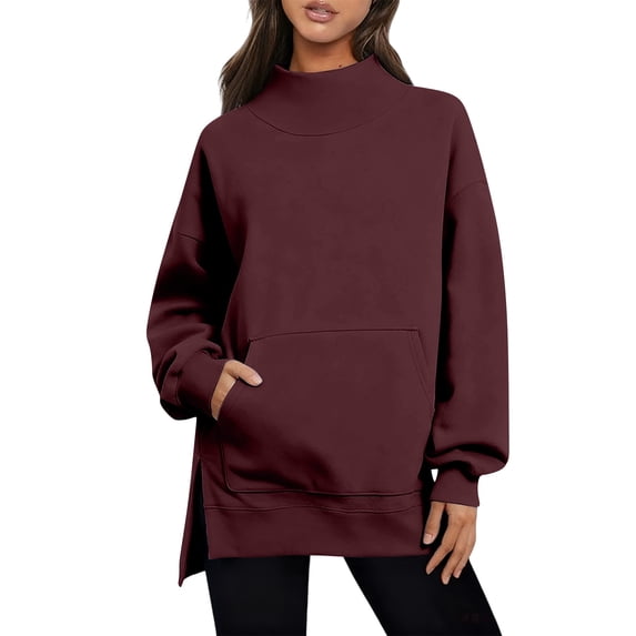 Gkeoshab Christmas Sweatshirt Women's Mock Neck High Collar Solid Color Sweatshirt, Breathable Coastal Fall Wear with Ribbed Trim for Layered Outfits and Breezy Waterfront Stroll Comfort Wine XL