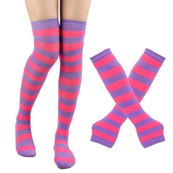 Gkeoshab Compression Socks Women's Striped Stockings with Matching High Gloves Set Socks Accessories for Christmas Party and Costume Dress Up