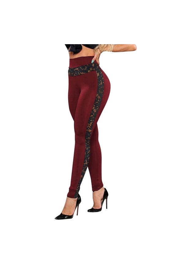 Crz Yoga Leggings Women's Lace Panel Yoga Leggings Slim Fit Blended Fabric Workout Pants for Spring & Summer Red S