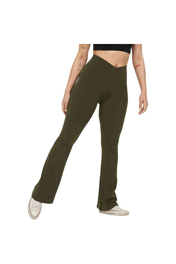 Crz Yoga Leggings Women's Solid Color Loose Fit Yoga Pants High Waist Casual Lounge Pants Comfortable Cotton Blend Trousers Army Green S