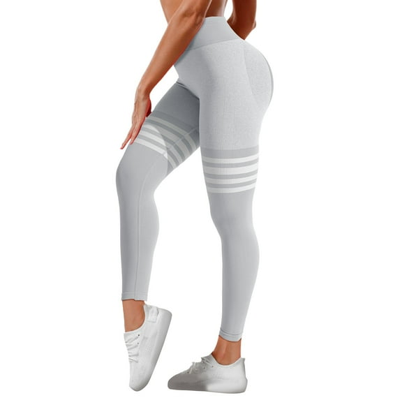 Gkeoshab Crz Yoga Women's Striped High Waist Workout Leggings Butt Lifting Yoga Pants, Quick Dry & Slim Fit Grey M