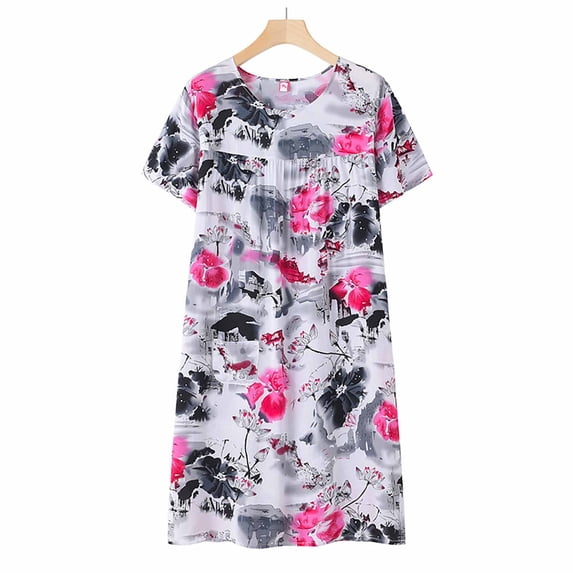 Gkeoshab Dresses for Women Summer Cotton Silk Short Sleeve Sleep Dress for Middle Aged Elderly Loose Fit Plus Size Design Lightweight Breathable Comfortable Nightgown Loungewear
