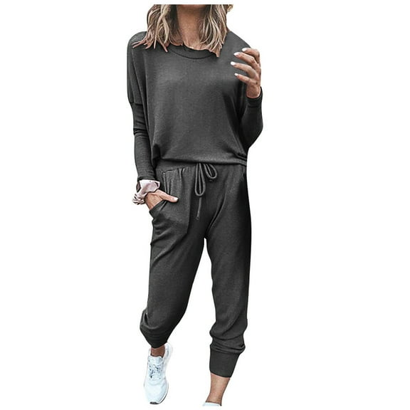 Gkeoshab Fall Sweaters for Women Women Fall 2 Piece Lounge Outfit Long Sleeve Tops High Waisted Jogger Pants Set Spring Travel Clothes Tracksuit Dark Gray XXXL