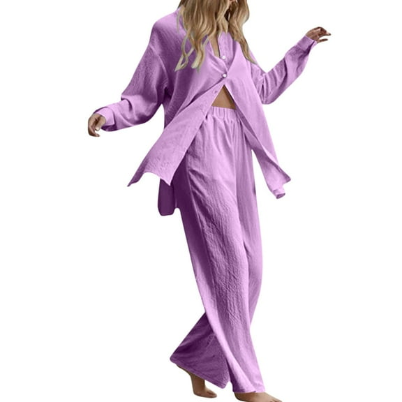 Gkeoshab Fall Sweaters for Women Women's 2 Piece Outfits Button Down Long Sleeve Shirt and Wide Leg Pants Set Purple S